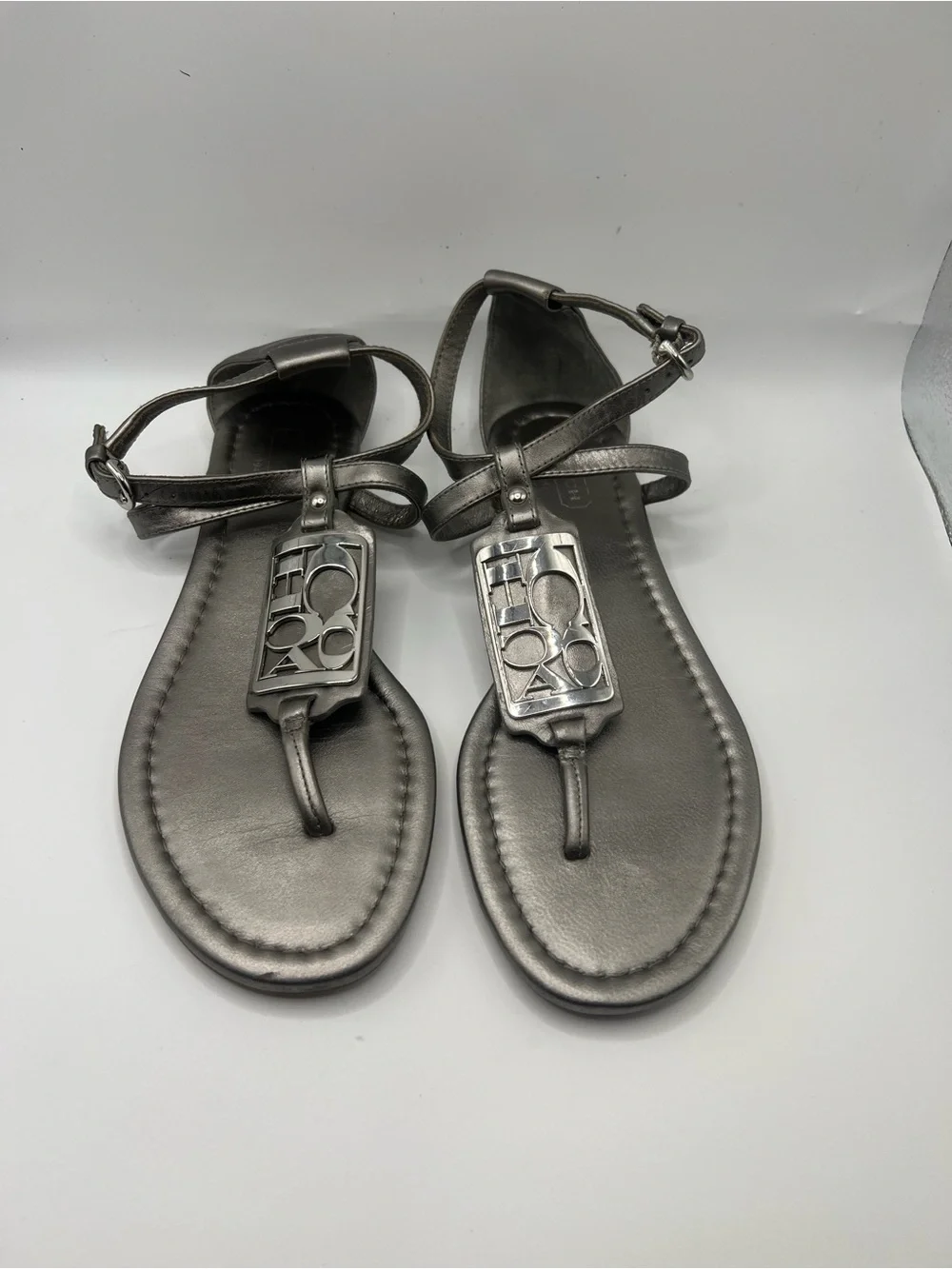 Coach Metallic Pewter Logo T-Strap Sandals